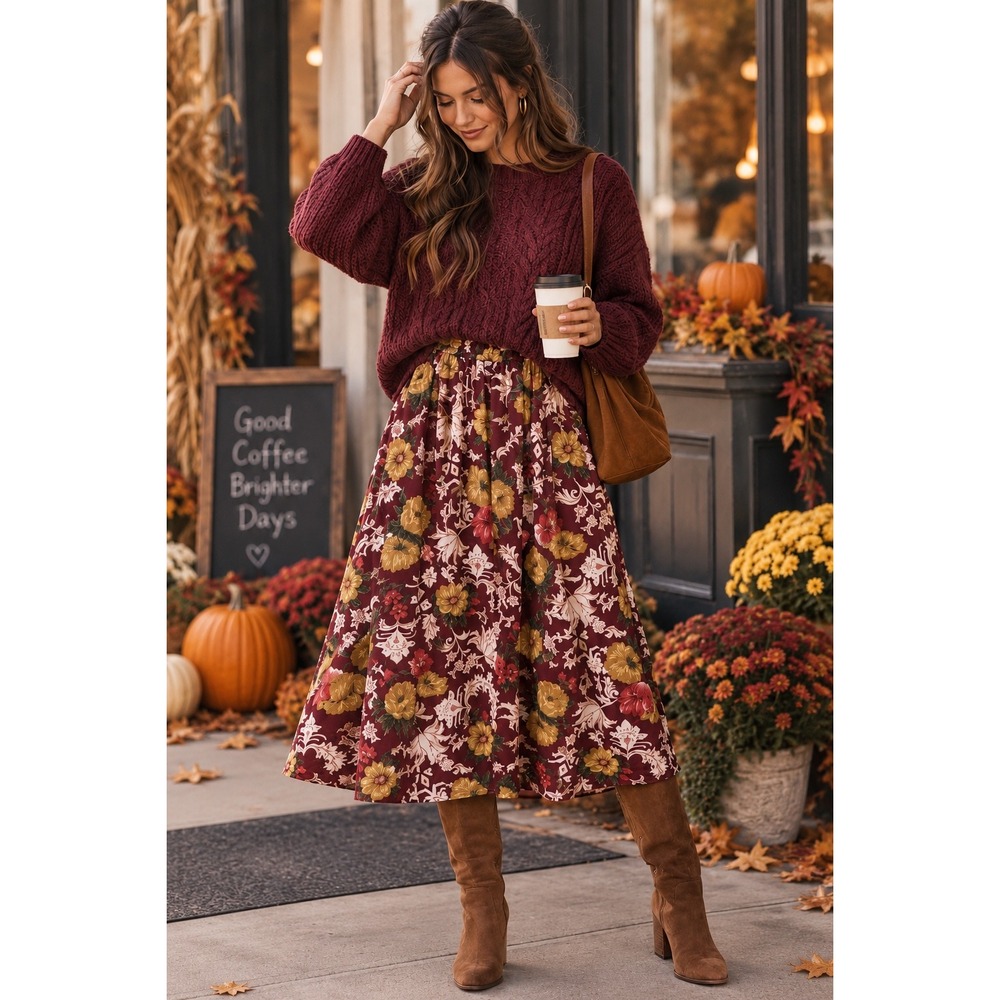 Vintage‎ Breeches Floral Sheer Maxi Skirt Burgundy Cottagecore Prairie Boho M